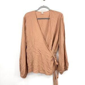 Old Navy Women Size XXL Blouse True Wrap Top Long Sleeve Brown Beige Tie Shirt